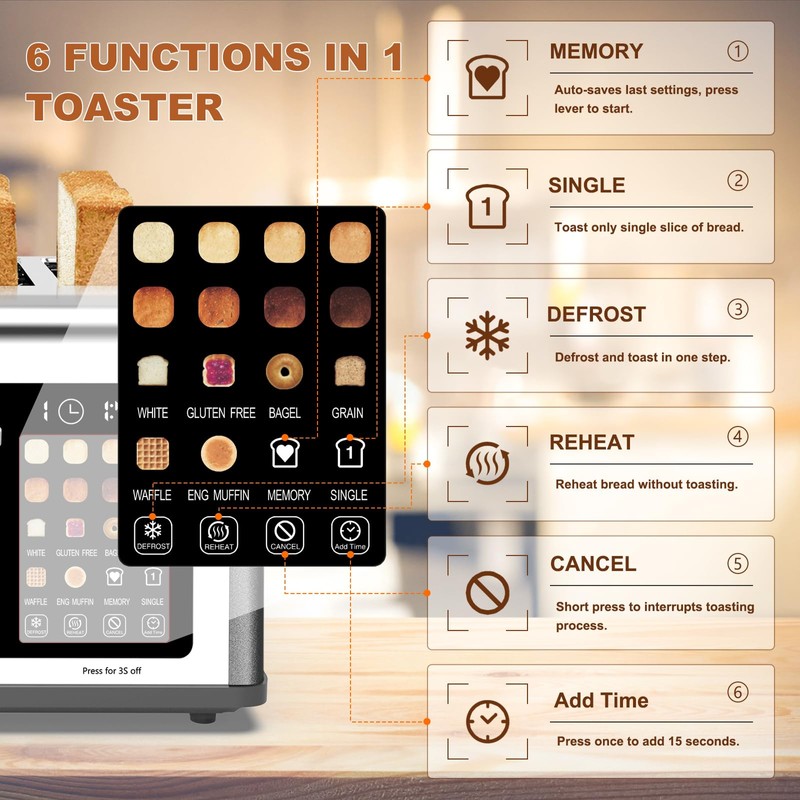 4 Slice Toaster Touch Screen, Stainless Steel Toasters Digital Timer,