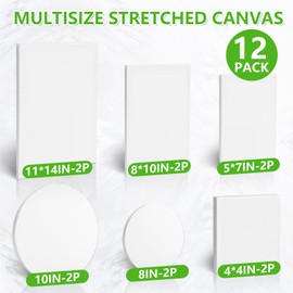 12 Pack Stretched Canvases for Painting, Multi Size Canvas 11x14, 8x10, 5x7, 4x4, Round Canvas with 8x8,10x10, Cotton Primed Paint Blank Canvas for Oil Paint, Acrylic Paint, for Beginners, Artists.