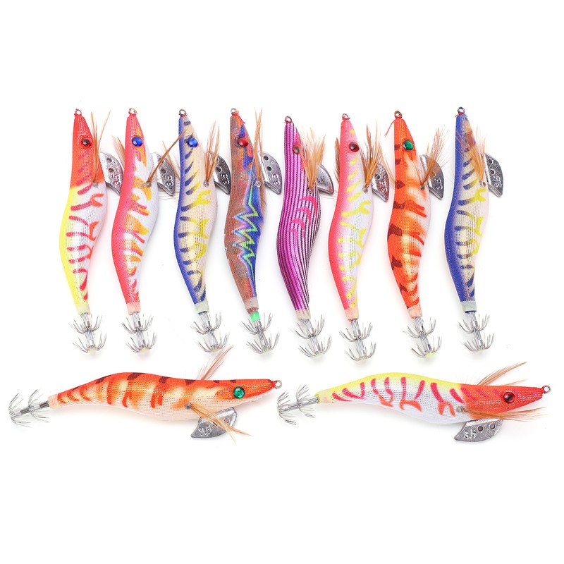 10Pcs Hard Bait Squid Jig Fishing Lure Octopus Wooden Shrimp