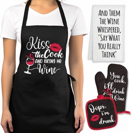 Apron with Kitchen Towel Pocket buddle with Oven Mitts &Pot Holders Sets 4pc Gifts for Women Wife Girlfriend Mom Grandmother,Cooking Kiss the Cook Baking Apron for Easter Birthday Mother's Day Gifts