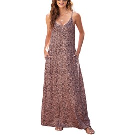 Supnier Women Boho Summer Floral Print Loose Casual Dress V Neck Sleeveless Flowy Long Maxi Dresses (L,Brown Leopard)