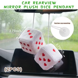 Dickno 2 PCS Fuzzy Plush Dice for Car Mirror, 3" Soft Retro Square Heart-Shape Rearview Mirror Ornament, Universal Interior Hanging Dice Decor Accessories for Women (White)