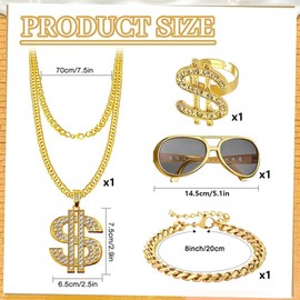 costume, hip hop disco costume accessories, 70s 80s accessories men, 90s outfit men's hip hop, necklace dollar ring gold chain, carnival costume men's , rapper accessories, Gold