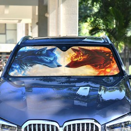 Wolf Ice Blue Fire Windshield Sun Shade for Car Auto SUV Truck Foldable Front Window Sunshade Sun Visor Protector Block UV Rays Reflect Heat, 55" x 28"