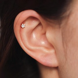 COCHARM 14K Gold Star Cartilage Earring Stud Yellow Gold Flat Back Helix Tragus Piercing Stud Push in Threadless 14K Solid Gold 8MM Labret Rings Medusa Earrings