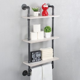 MBQQ Industrial Pipe Shelf Bathroom Shelves Wall Mounted,19.6in Rustic Wood Shelf with Towel Bar,3 Tier Farmhouse Towel Rack Over Toilet,Pipe Shelving Floating Shelves Towel Holder,Retro White