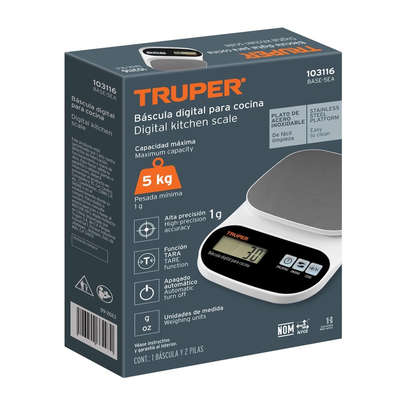 Truper BASE-5EA, Báscula digital para cocina plato de acero inoxidable