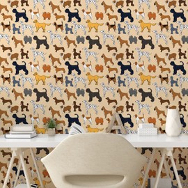 Lunarable Dog Peel & Stick Wallpaper for Home, Cartoon Puppies Different Breeds Animal Love Joyful Tails Illustration, Self-Adhesive Living Room Kitchen Accent, 13" x 36", Beige Brown Blue