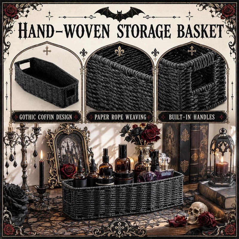 Goth Storage Basket for Bathroom Black Coffin Tray Woven Paper