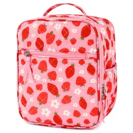 Aileam Lunch Box for Women Cute Strawberry Lunch Bag Quilted Reusable Insulated Lunch Box Aesthetic Lunch Tote Bags Floral Cotton Lunch Case for Travel Work Picnic (Pink Strawberry Flower)