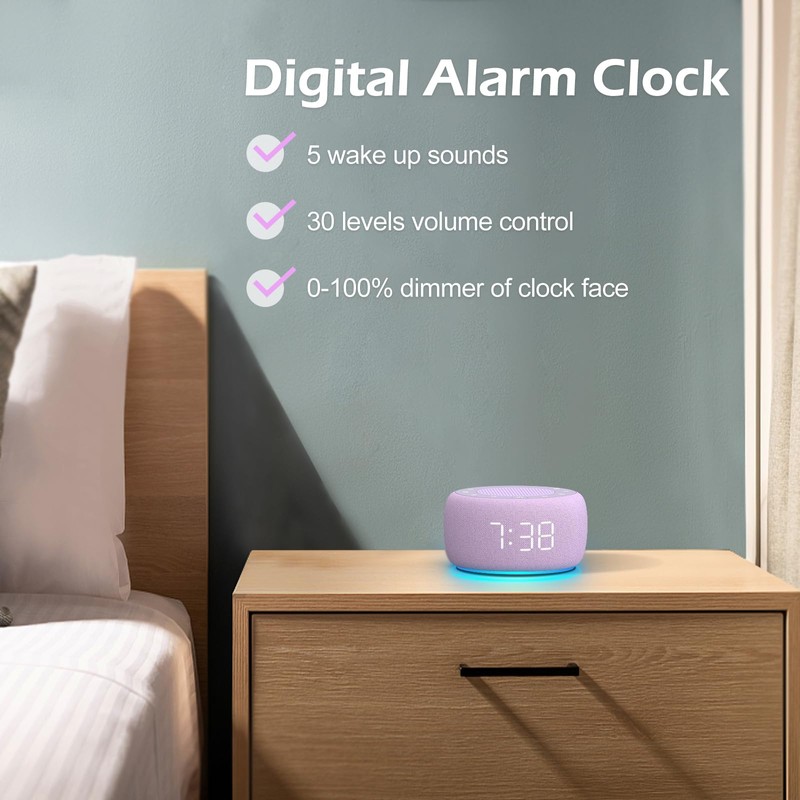 Buffbee Sound Machine & Alarm Clock 2-in-1, 0-100% Clock Face