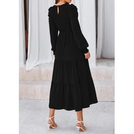 KIRUNDO Women Spring Wedding Guest Puff Long Sleeve Maxi Dress Casual Crew Neck Smocked Tiered A Line Flowy Long Dresses(Black, Large)