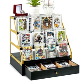 Poyilooo Trading Card Display, 3-Tier Baseball Card Storage with Drawer, Wood Graded Card Display, Sports Card Display Case for Card Game Collection-Trading Card Holder Christmas Gifts (Blackgold)
