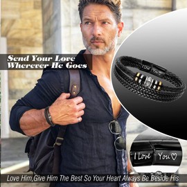 Birthday Gifts for Boyfriend from Girlfriend Leather Bracelets for Men Stainless Steel Black Braided Cuff Bangle Bracelet Anniversary Jewelry