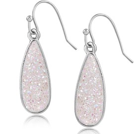 Created White Opal Earrings for Women - Tear Drop Earrings Jewelry, Sparkly Long Dangly Simulated Druzy Drop Dangles, Elegant Boho Silver Tone Dangle with Dangling Faux Opal Stone for Wedding Bride