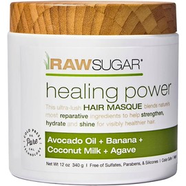 RAW SUGAR, Healing Power, Mascarilla Reparadora para Cabello, con Aceite de Aguacate, Plátano, Leche de Coco y Agave, Prensado en Frío, Vegano, Libre de Sulfatos, Parabenos y Siliconas, 340 g