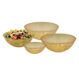 4-Piece Hammered Nesting Bowl Set with Lids, Reusable Plastic Serving Bowls – 5, 3, and 1.5 Quart Sizes for Holiday Gatherings, Durable and Versatile for Hot & Cold Foods (Orange)