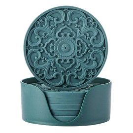 Colinda Silicone Coasters for Drink, 6 Pack Coasters with Holder, Cup Mat Set for Hot and Cold Drink and for Table Top Protection,Bar Coasters,3 Patterns,Malachite Green