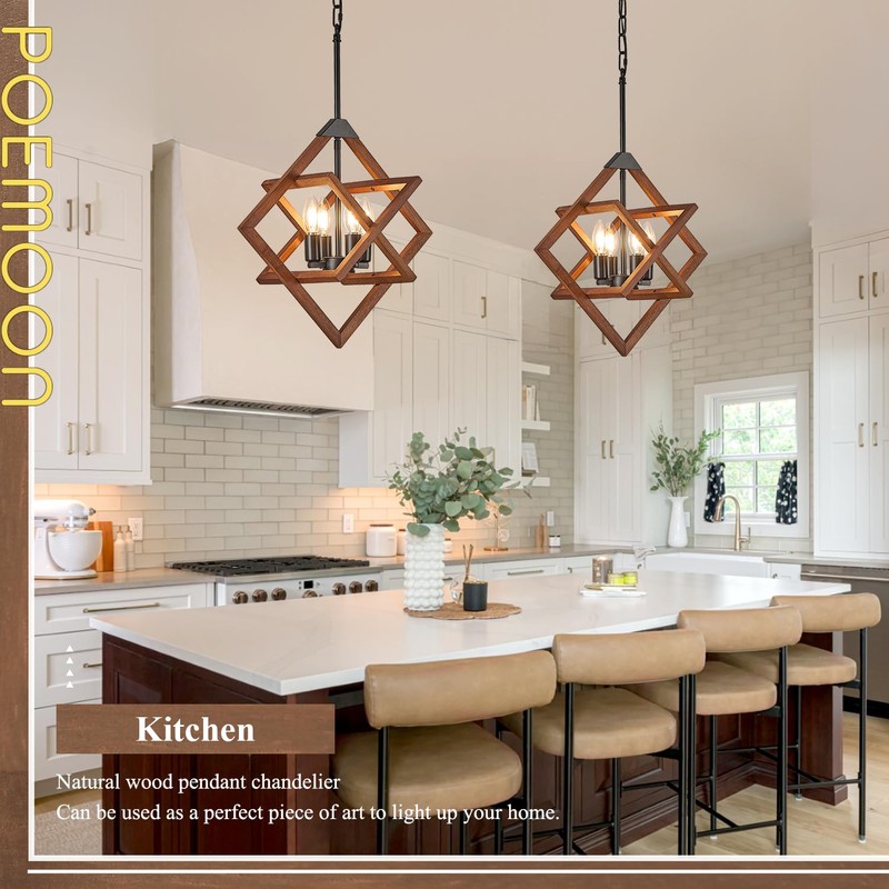 Poemoon 18" Farmhouse Wooden Chandelier 4-Light Geometric Pendant Lighting