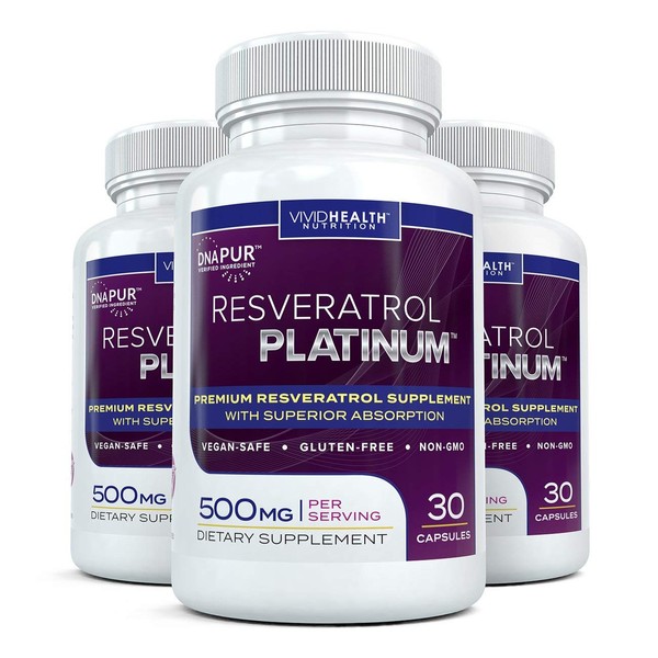 Vivid Health Nutrition Resveratrol Platinum (3 Bottles) Anti Aging Supplement 500mg | Premium, High Potency Formulation | 30 Capsules Per Bottle