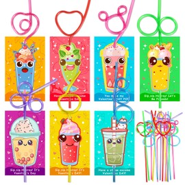Bnsikun 28Pcs Valentines Day Straws with Cards for School Class Prizes Valentine Party Favors Supplies Classroom Exchange Cards Boy Girl Ideal Valentine Gift