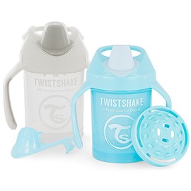 Twistshake 2 x Leak-proof Mini Baby Learning Cup with Soft Spout and Fruit Blender - 230 ml | BPA-Free | Training Cup for Children | Learning Baby Drinking Bottle | White Blue