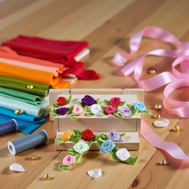 100 Pcs Multicolor Mini Ribbon Rose Flower Ornament, Satin Fabric Rose Buds with Leaves, Mixed Color Roses Sewing Appliques Trim and Embellishments for Jacket Skirt Decor Fabric Ribbons Trim