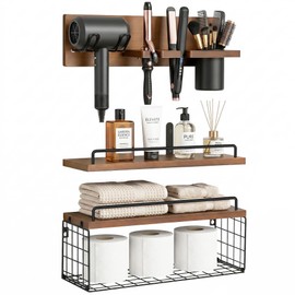 GODDGITT 3-Tier Bathroom Floating Shelves with Curling Iron Holder & Hair Tool Organizer, Wall Mounted Rustic Wood Storage Rack Over Toilet with Hair Dryer Holder for Bathroom Decor & Organization