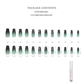 Hypnaughty 24 Pcs LUXE Black and Green Ombre Luxury Rhinestone Coffin Press on Nails with Glitter Design and Glue Long Fake Nails Black and Green Ombre Nails with Glitter and Rhinestones (LUXE)