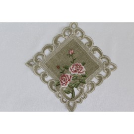 Doily Boutique Square Doily with a Pink Rose and Sage Green Burlap Linen Style Material Size 7 inches