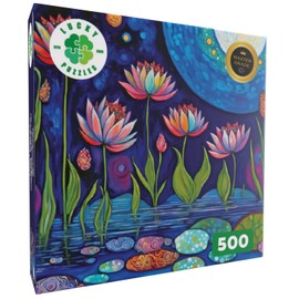 Lucky Puzzles 'Moonlit Water Lilies' | 500 Piece Jigsaw Puzzle for Adults | Stunning Artwork of Moonlit Waterlilies in a Serene Pond | Great for Relaxation and Display for Puzzle Enthusiasts