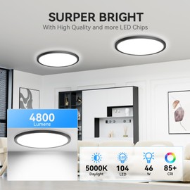 WKONCLDY 4700lm LED Flush Mount Ceiling Light, Super Slim 16 inch LED Ceiling Light, 5000K LED Ceiling Light for Bedroom, Living Room, Dining Room (Black, One Pack)