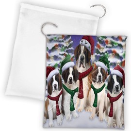 Doggie of the Day Saint Bernard Dogs Christmas Family Portrait in Holiday Scenic Background Drawstring Laundry or Gift Bag LGB48182