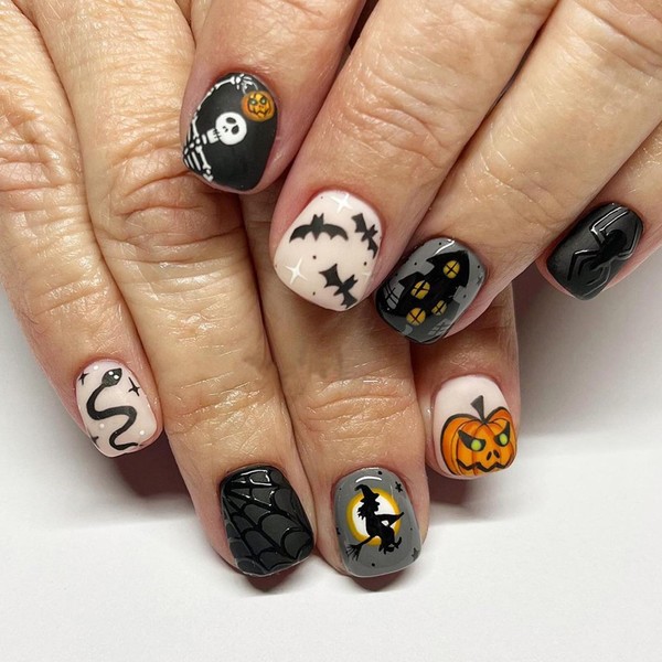 Halloween Press on Nails Square Short Fake Nails with Pumpkin