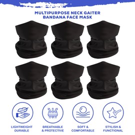 RUGGED BLUE 6 Pack Black Multipurpose Neck Gaiter Bandana Face Mask Sunscreen Face Cover