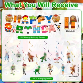 Luclay Toy Party Decorations, Party Tableware Set - 13Pcs Birthday Decorations, Toy Birthday Party Supplies, Happy Birthday Banner, Hanging Swirl for Boys Kids