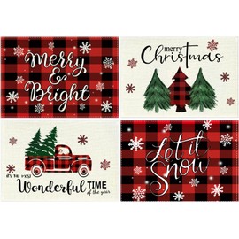 Merry and Bright Buffalo - Juego de 4 manteles individuales de Navidad a cuadros para mesa de comedor, 12 x 18 pulgadas, feliz Navidad, temporada de invierno, acuarela, camión, árbol de Navidad, día