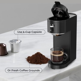 Kismile K-mini Single Serve Coffee Maker for K Cup and Ground Coffee - Dual Brew Coffee Machine,Adjustable 6oz-14oz Cup Size, Auto Clean & Shut Off, Compact Design for Home/Office (Matte Black)