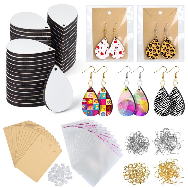 FEPITO 50 Pcs Sublimation Printing Earrings Sublimation Blank Earrings with Earring Hooks Earring Cards and Jump Rings for Women Girls Christmas Valentine's Day DIY Earring Jewelry Making Supplies