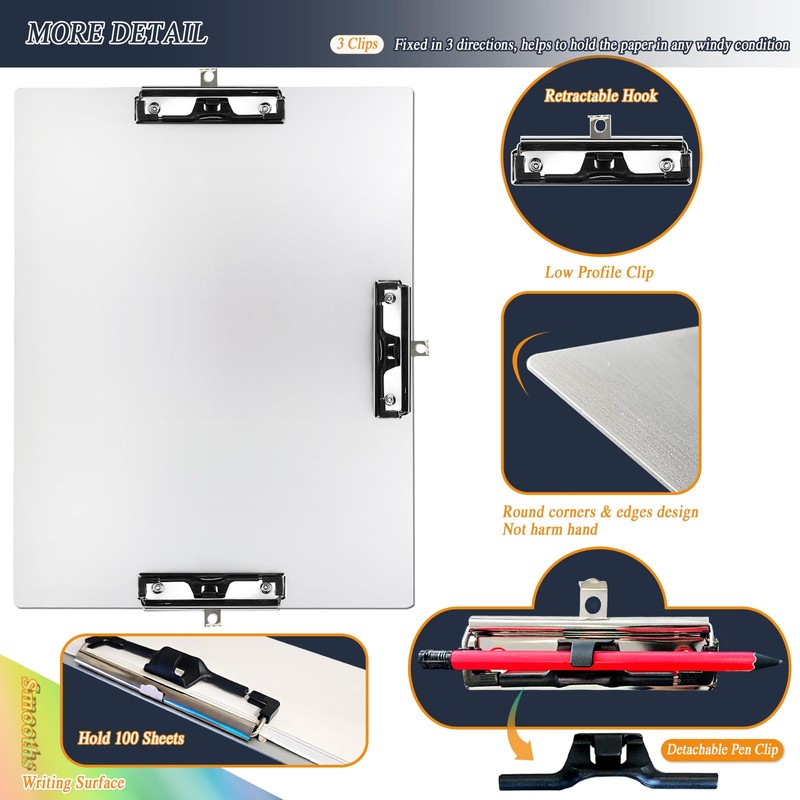 Three Clip Aluminum 11x17 Clipboard Metal Stainless Hangable Clipboards Art