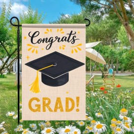 BlissYard Graduation Garden Flag Graduation Sign Graduation Decor Garden Outdoor 12x18 Inches Congrats Grad Flag with Graduation Cap Gold Glitter Accents for Yard Porch Graduation Party Decor