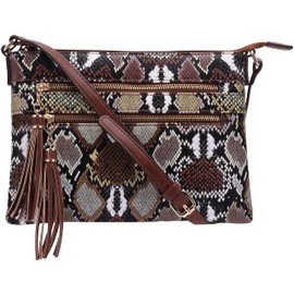 B BRENTANO Vegan Multi-Zipper Crossbody Handbag Purse with Tassel Accents (Multi-Python Brown)