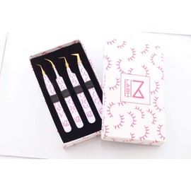 M M LASH Tweezers for Eyelash Extensions (Set of 4) - Professional Lash Extension Tweezers - Fiber Tip, Japanese Steel, Diamond Grip Eyelash Extension Tweezer (F-SET)