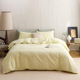 CLOTHKNOW Yellow Bedding Duvet Cover Set Queen Washed Cotton Light Yellow Bedding Sets Linen Like Textured Breathable Durable Soft with 2 x Pillowcases