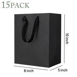 LUOKER Black Gift Bags,15Pcs 8"x5"x10" Thank You Gift Bag with Handles,DIY Black Paper Shopping Bags with Ribbon Handles,Bulk Gift Wrap Bags for Birthday,Retail,Graduation,Holiday Party(Black-15pcs)