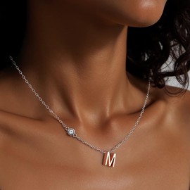 Initial Necklace for Women, Rose Gold Plated Letter Pendant with 3mm Zircon & 16+2" Silver-Tone Chain, Free size, Brass, Cubic Zirconia
