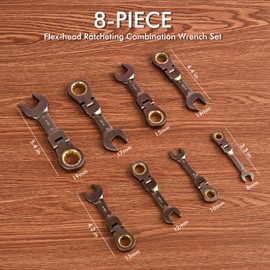 wanlvkang Stubby Wrenches Set, Flex Head Ratcheting Wrench Set Open End Ratchet Wrench Metric 8 Pieces(Metric)