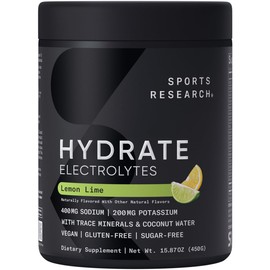 Sports Research® Hydrate Electrolytes Powder - Sugar-Free & Naturally Flavored with Vitamins, Minerals, and Coconut Water - Supports Hydration - Lemon Lime - 90 Servings