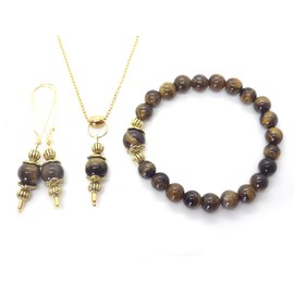 Vintage style bracelet, necklace and earrings jewelry set for women in brown tiger eye and gold metal