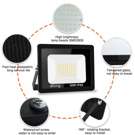 LED Outdoor Spotlight 50 W Super Bright Outdoor Spotlight, IP66 Waterproof LED Floodlight, 5000 LM Floodlight, LED Outdoor Spotlight, 6000 K Cool White LED Outdoor Spotlight for Garden, Courtyards,